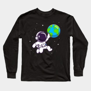 Cute Astronaut Playing Earth Ball Cartoon Long Sleeve T-Shirt